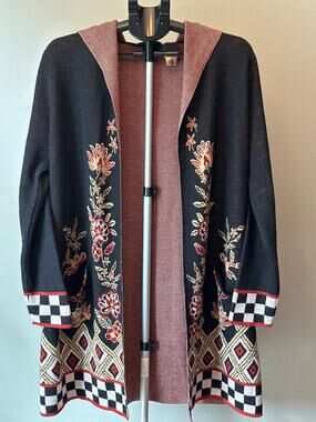 Vertigo Longline Cardigan Women XL Black Floral Hooded Open‎ Front Boho
